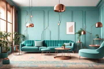 Colored contemporary living room, pastel turquoise colors, sofa, armchair, carpet, tables, steps...