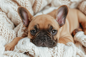 A cute little french bulldog puppy comfortable lies on a white blanket. AI generative