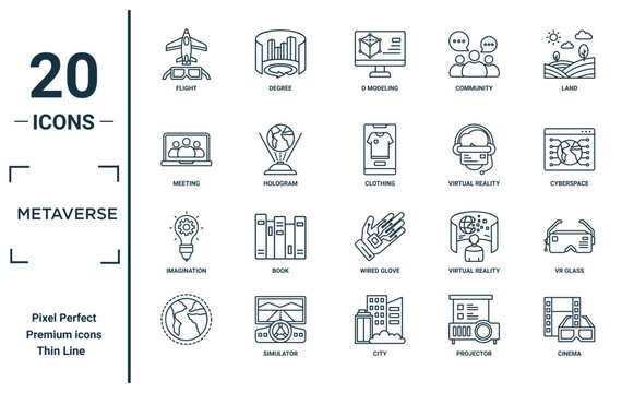metaverse linear icon set. includes thin line flight, meeting, imagination, , cinema, clothing, vr glass icons for report, presentation, diagram, web design