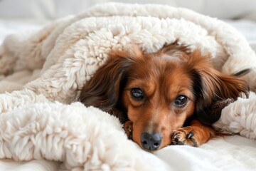 A cute little dachshund puppy comfortable lies on a white blanket. AI generative