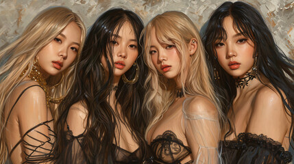 Fototapeta premium vivid k-pop muses: dynamic latex fashion, bold styles, and confident contemporary allure