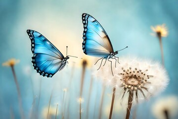 Fototapeta na wymiar A serene natural pastel background with a Morpho butterfly gracefully perched on a delicate dandelion.