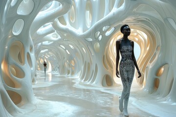 A stylish woman struts through a pristine white tunnel, her fashionable footwear and clothing accentuating her confident persona - obrazy, fototapety, plakaty