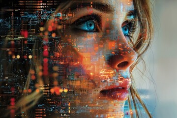 A captivating fusion of traditional art and modern technology, a woman's face is transformed into a mesmerizing digital portrait, her piercing eyes gazing out with a hint of mystery and depth