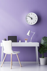 A minimalistic office mockup with a clean, white work desk, a pop of vibrant purple in the chair, and a colorful wall clock.