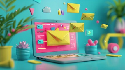 3d render of laptop with flying envelopes and letter, illustrating the concept of email marketing.
