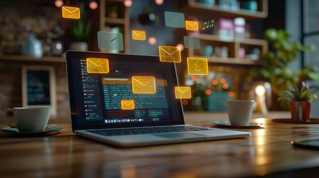3d render of laptop with flying envelopes and letter, illustrating the concept of email marketing.
