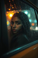 photo of a woman sitting in the backseat of a taxi