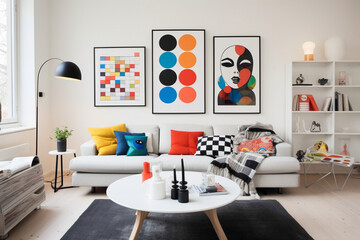 A modern Scandinavian living area with a mix of white walls, black furniture, and pops of vibrant colors.