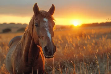 Foto op Canvas As the sorrel mustang horse stands in the field, its mane illuminated by the vibrant sunset, the peacefulness of the outdoor scene creates a feeling of serenity and freedom © Larisa AI