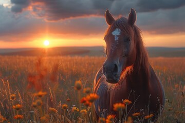 Under the painted sky, a majestic mustang mare stands tall among a sea of vibrant flowers, embodying the raw beauty and freedom of nature - obrazy, fototapety, plakaty
