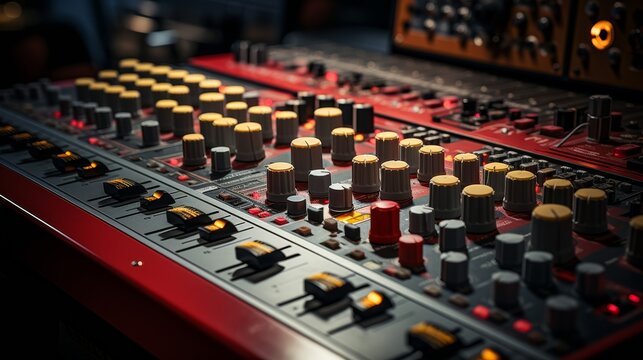 Close-up of an audio mixer controls in a sound recording studio with glowing lights.