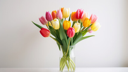 Fresh colorful tulips bouquet in a glass vase on a white background