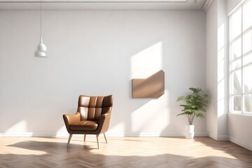 Modern white interior with brown leather armchair and empty mockup wall background 3D Rendering, 3D Illustration