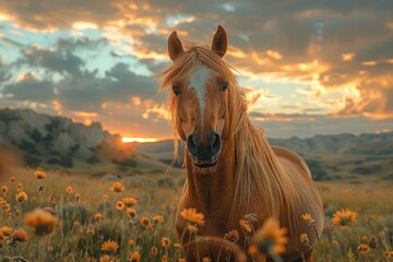 A majestic mustang mare stands gracefully in a sea of colorful flowers, her mane blowing in the gentle breeze as the setting sun paints the sky with shades of orange and pink