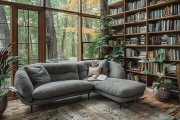 A cozy indoor oasis awaits, with a studio couch nestled between a towering bookcase and lush houseplants, inviting you to curl up with a good book and enjoy the peaceful atmosphere of this stylish li - obrazy, fototapety, plakaty