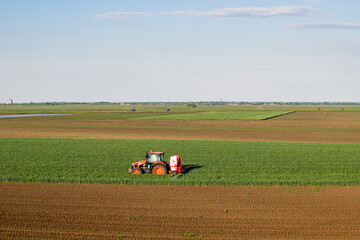 Tractor spraying wheat in field