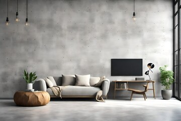 Living room interior style loft with armchair on empty concrete wall.3d rendering