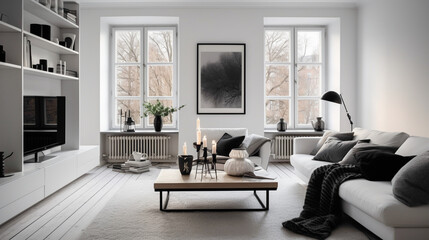 A modern Scandinavian living room with a black and white color scheme, showcasing the beauty of contrast and simplicity