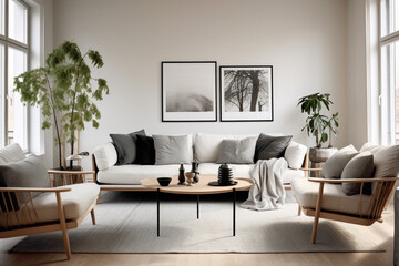 A modern Scandinavian living room with a black and white color scheme, sleek furniture, and pops of greenery, creating a contemporary and refreshing ambiance.