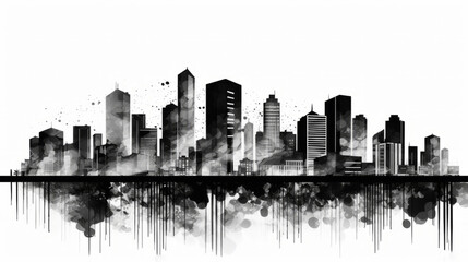 Abstract monochrome cityscape with ink splatter and reflection, urban skyline illustration