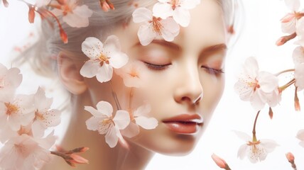 A woman's side profile enhanced by the delicate embrace of cherry blossoms, symbolizing renewal and the fragility of life, with a soft focus that creates a dreamy and romantic atmosphere.