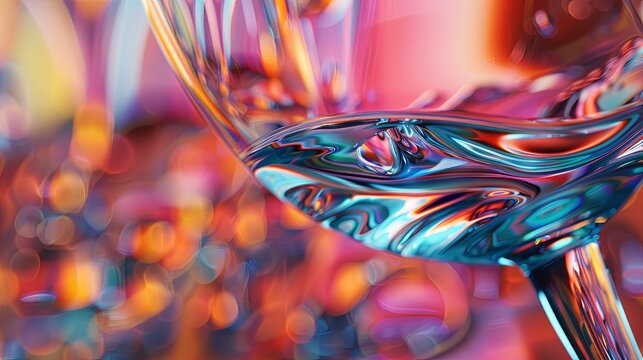 A close-up of a transparent glass containing a swirling, multicolored liquid with a vibrant bokeh background. Abstract Colorful Liquid in Transparent Glass


