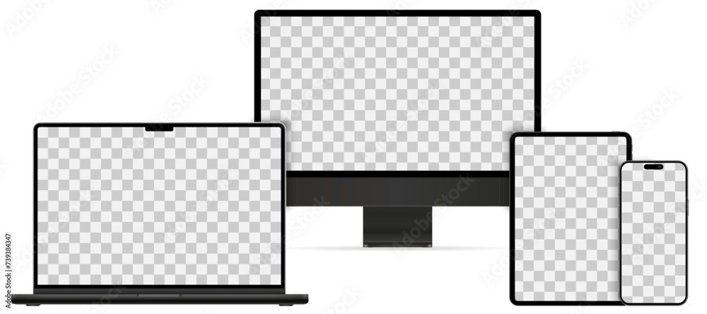 Poster Mockups technology devices set with transparent display in black color, phone tablet, computer monitor, laptop, device screen mockup, blank screen