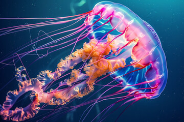 Iridescent Jellyfish. Graceful movement of iridescent jellyfish gliding through the ocean depths, with their translucent bodies reflecting an array of colors