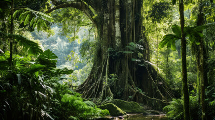 Majestic giant tree in a lush tropical rainforest illuminated by sunlight
