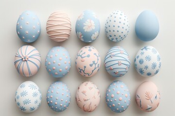 Fototapeta na wymiar Easter eggs with decorative floral, colorful, pastel, dots and line patterns on a white background