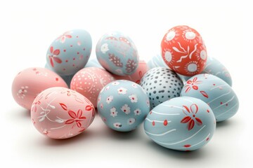 Vibrantly decorated Easter eggs with floral, pastel dots, and line patterns make a striking contrast against the white background.