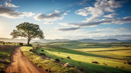 Scenic view of a solitary tree along a dirt road in a lush green landscape at sunset - Powered by Adobe