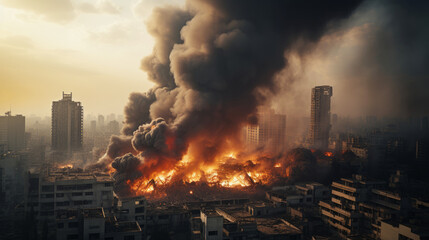 Urban disaster with massive fire engulfing buildings in a cityscape