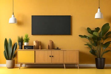 Cabinet TV in modern living room with leather armchair and plant on yellow wall background,3d rendering