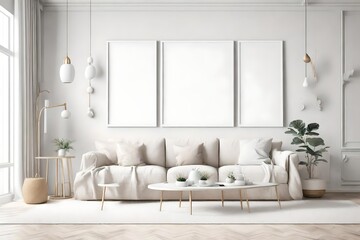 Mockup frame in white cozy living room interior background, 3d render