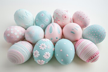 Fototapeta na wymiar Easter eggs with decorative floral, colorful, pastel, dots and line patterns on a white background