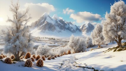 Imagine a beautiful and charming scene with a valley in the background, with a layer of snow covering the ground and cones hanging from the branches of trees