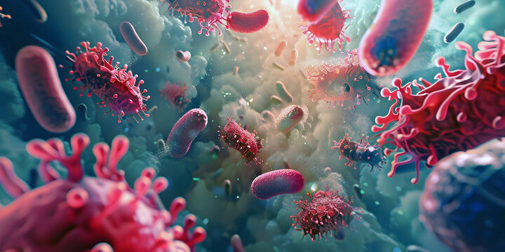 Germs Bacteria . Biology, Science microscopic medicine. treatment, Health care medication, infectious agent . Generative AI	
