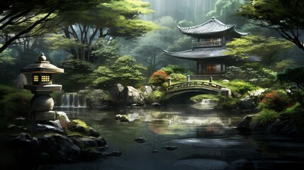 A realistic digital illustration of a tranquil Japanese garden with a serene pond, stone lanterns, and lush greenery, providing a Zen and peaceful background