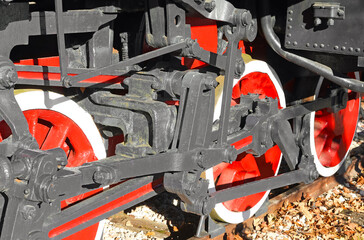 metallic wheels of the old black one train steam locomotive