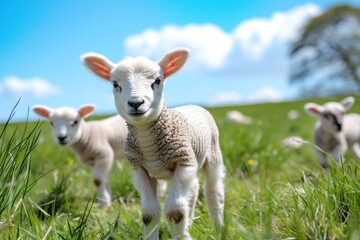 Fototapeta premium Playful Lambs on Spring Meadow under blue sky 