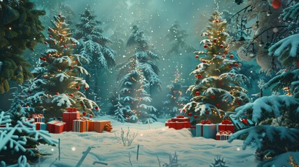 Illuminated christmas trees with red and golden garlands into a forest with snowy flakes with shape of stars close to xmas gifts in red boxes , Generative AI illustration