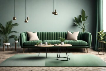 Home interior background with green sofa, table and decor in living room, 3d render