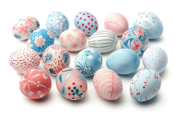 Fototapeta na wymiar Easter eggs adorned with decorative floral, colorful, pastel dots, and line patterns set against a white background