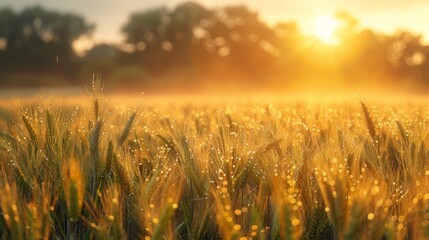 Naklejka premium Dew covered wheat field at sunrise the promise of a new day and nourishment