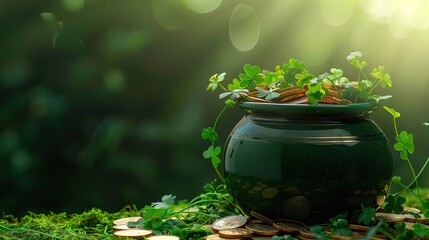 Green pot with shamrocks and gold coins. St. Patrick's Day Symbols. Generated AI - obrazy, fototapety, plakaty