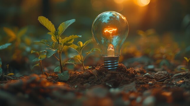 Idea implementation a sapling growing from a pot shaped like a light bulb growth from ideas