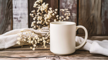 Coffee cup and dry flowers on wooden background