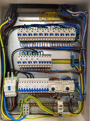 Fuse box, control panel with many various wires and fuses, electrical control panel enclosure for...